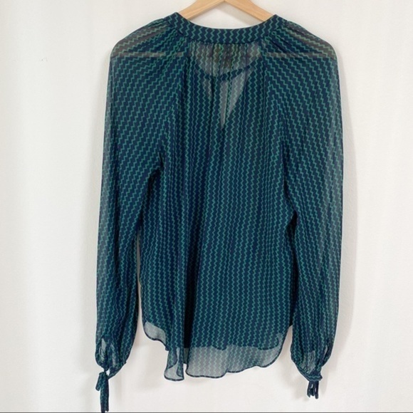 Anthropologie long sleeve green Neck Tie Chevron Tunic sheer abstract blouse top - Picture 6 of 6